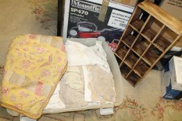 A LARGE BOX OF LINEN, TOGETHER WITH A SMALL WOODEN SET OF PIGEON HOLES