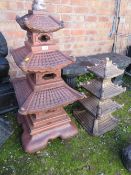 TWO ORIENTAL CONCRETE SECTIONAL PAGODA TEMPLE GARDEN STATUES H-102 CM (TALLEST)