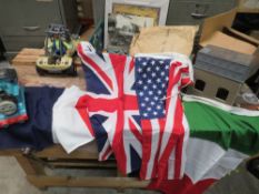A SELECTION OF ASSORTED TOYS, HARDWARE, VARIOUS WORLD FLAGS AND A FRAMED PICTURES