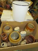 A TRAY OF VINTAGE STONEWARE BOTTLES AND JARS ETC. TO INCLUDE A P BURNS DOCKHEAD DUMFRIES EXAMPLE