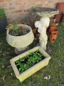 A MODERN STONE PEDESTAL URN ON PLINTH BIRDBATH AND RECTANGULAR TROUGH (3)