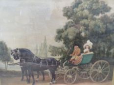 A FRAMED AND GLAZED 19TH CENTURY WATERCOLOUR OF A HORSE AND CARRIAGE WITH FIGURES