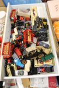 A LARGE QUANTITY OF DIE CAST TOY CARS TO INCLUDE CORGI AND LLEDO EXAMPLES