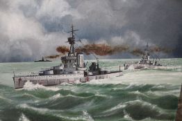 AN UNFRAMED OIL ON BOARD DEPICTING BATTLE SHIPS IN CHOPPY SEA SIGNED BRYAN DIXON 1975