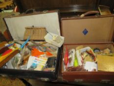 TWO VINTAGE SUITCASES CONTAINING ASSORTED FLY FISHING EQUIPMENT ETC. TO INCLUDE BIRD WINGS,
