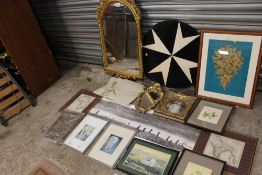 A QUANTITY OF ASSORTED PICTURES PRINTS AND MIRRORS TO INCLUDE WATERCOLOURS, ARCHED GILT FRAMED