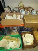 FIVE BOXES OF ASSORTED CHINA AND CERAMICS TO INCLUDE A LARGE SYLVAC DOG FIGURE, AYNSLEY ORCHARD GOLD