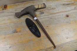 A PAPUA NEW GUINEA MT HAGAN TRIBAL ART WAR AXE HANDLE & A SMALL SEPIK RIVER MASK WITH SHELL EYES