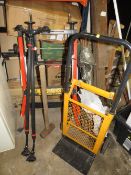 A PORTABLE TABLE WORKBENCH TOGETHER WITH A SET OF CHIMNEY BRUSHES, SACK TRUCK, SLEDGEHAMMER ETC