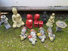 A QUANTITY OF ASSORTED GARDEN SMALL STATUES TO INCLUDE BUDDHAS - SOME PLASTIC