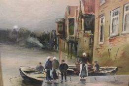 A PAIR OF GILT FRAMED AND GLAZED OIL PAINTINGS OF RIVER SCENES WITH FIGURES SIGNED A L BUTLER