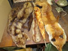 A BOX OF ACCESSORIES TO INCLUDE FUR STOLES, PARASOL ETC.