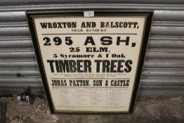 A FRAMED ANTIQUE ADVERTISING POSTER FOR A SALE OF TIMER DATED 1875