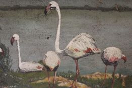 A VINTAGE OIL ON BOARD DEPICTING FLAMINGOS AT THE WATERS EDGE