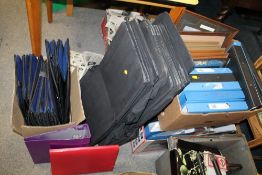 A LARGE QUANTITY OF RING BIND FILES, TOGETHER WITH A QUANTITY OF FOLD UP MATERIAL CARRY BAGS ETC.