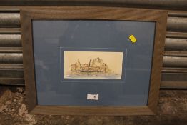 A FRAMED AND GLAZED WATERCOLOUR ENTITLED 'BALLANCELLE A BOLVI', INDISTINCTLY SIGNED LOWER RIGHT