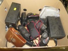 A BOX OF VINTAGE CAMERAS AND BINOCULARS ETC.