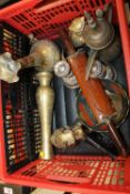 A BOX OF MOSTLY BRASSWARE TO INCLUDE A BRASS DOG FIGURE, VASES, IRON ETC.