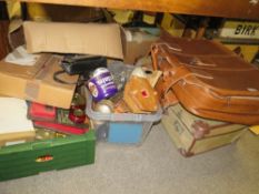A LARGE QUANTITY OF HOUSEHOLD SUNDRIES TO INCLUDE VINTAGE LUGGAGE, CHEFS KNIFE SET ETC.