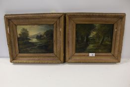 A PAIR OF GILT FRAMED ANTIQUE OILS ON BOARD OF COUNTRY LANDSCAPES WITH FIGURES INDISTINCTLY SIGNED