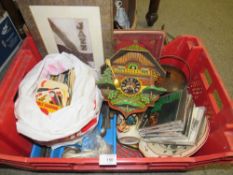 A TRAY OF ASSORTED SUNDRIES TO INCLUDE MASONS CHRISTMAS PLATES, SILVER PLATED FLATWARE ETC.