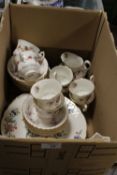 A BOX OF ASSORTED CHINA TO INCLUDE ROYAL ALBERT, AYNSLEY AND PARAGON EXAMPLES