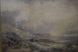 A LARGE GILT FRAMED AND GLAZED WATERCOLOUR OF A MAN AND HIS SHEEP DOG ENTITLED 'ON THE MOORS AT