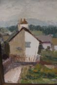 A GILT FRAMED OIL ON BOARD DEPICTING COUNTRY COTTAGES SIGNED YATES LOWER RIGHT