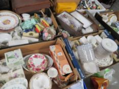 FIVE TRAYS OF ASSORTED CERAMICS AND GLASSWARE TO INCLUDE SHELLEY, CAITHNESS, COLOURED GLASS SCENT