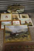 A COLLECTION OF PICTURES AND PRINTS TO INCLUDE AN ANTIQUE UNFRAMED WATERCOLOUR, OIL ON BOARD OF A