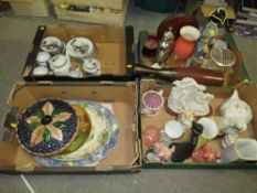 FOUR TRAYS OF CERAMICS AND CHINA TO INCLUDE A NOVELTY SADLER TEAPOT, AYNSLEY ORCHARD GOLD, NAT