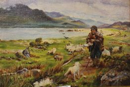 A GILT FRAMED OIL ON BOARD OF A SHEPHERD IN A MOUNTAINOUS LANDSCAPE