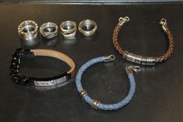 A COLLECTION OF GENTS WHITE METAL FASHION / DESIGNER STYLE RINGS AND THREE SIMILAR BANGLES