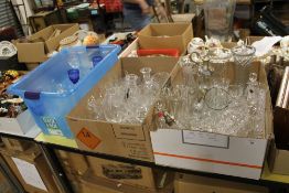 THREE BOXES OF MOSTLY CUT GLASS TO INCLUDE A SET OF FOUR BLUE CUT GLASS WINE GLASSES, KINVER CRYSTAL