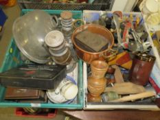 TWO BOXES OF METALWARE AND COLLECTABLES TO INCLUDE HURRICANE LAMPS, VINTAGE ROLLERSKATES, PEWTER