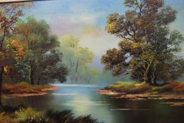 TWO FRAMED OIL ON CANVAS OF COUNTRY COTTAGES AND A WOODED RIVER SCENE