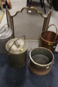 A SELECTION OF METALWARE TO INCLUDE TWO COPPER BUCKETS, TWO MILKING BUCKETS AND A FIREGUARD