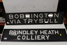 TWO FRAMED PART BUS DESTINATION BLINDS FOR BRINDLEY HEATH COLLIERY AND BOBBINGTON VIA TRYSULL
