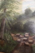 A PAIR OF OIL ON CANVAS FEATURING SHEEP IN A RURAL SETTING SIGNED CEDRIC GRAY LOWER RIGHT - H 77