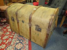 A VINTAGE DOMED AND BANDED STEAMER TRUNK - W 88 CM