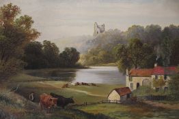 A GILT FRAMED OIL ON CANVAS OF A PASTORAL SCENE OF A FARMER AND HIS CATTLE SIGNED J.D.MORRIS LOWER