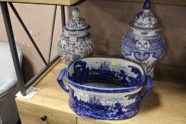 TWO MODERN LARGE ORIENTAL STYLE BLUE AND WHITE LIDDED GINGER JARS TOGETHER WITH A FOOTBATH