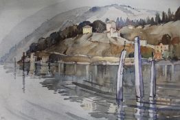 A FRANCIS R FLINT WATERCOLOUR OF AN ITALIAN LAKE SCENE SIGNED LOWER LEFT - H 28 CM W 38 CM