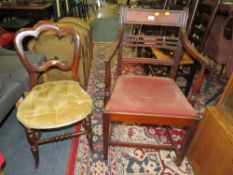 AN ANTIQUE MAHOGANY DINING CHAIR & A BEDROOM CHAIR (2)