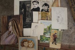 A BOX OF ASSORTED PAINTINGS AND DRAWINGS ETC