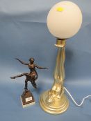 A MODERN ART DECO STYLE FIGURE ON PLINTH TOGETHER WITH A MODERN TABLE LAMP - A/F