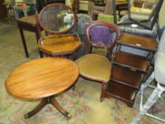 A VICTORIAN MAHOGANY CHAIR, TWO OCCASIONAL TABLES, WOT-NOT, MIRROR AND FIRESCREEN (6)