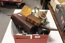 A BOX OF ASSORTED COLLECTABLES TO INCLUDE, VINTAGE PG TIPS BOXES, WOODEN BOXES,S EASTERN COPPER