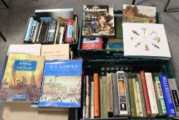 FOUR BOXES OF ASSORTED BOOKS TO INCLUDE ANTIQUE REFERENCE GUIDES, ART BOOKS ETC