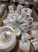 A BOX OF ASSORTED NURSERY WARE CERAMICS COMPRISING TEAWARE, DISHES ETC